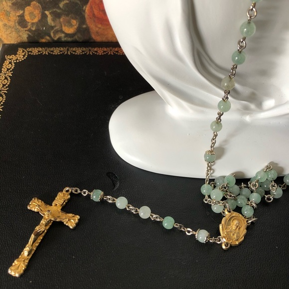 Vintage Jewelry - Vintage Moss Agate Gold Tone Rosary